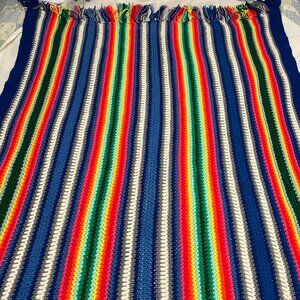 Vintage Crochet Afghan Rainbow Colors Stripes Fringed 55 X 72